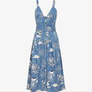 Reiss Noah Button Down Belted Midi Dress in Blue Print Size US12